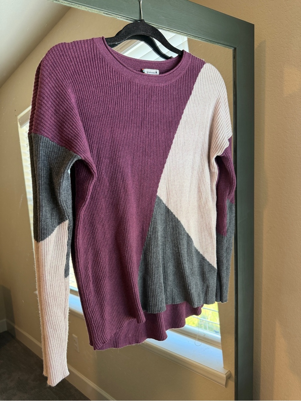 Smartwool Colorblock Crew Neck Sweater in Plum, Light Pink & Charcoal